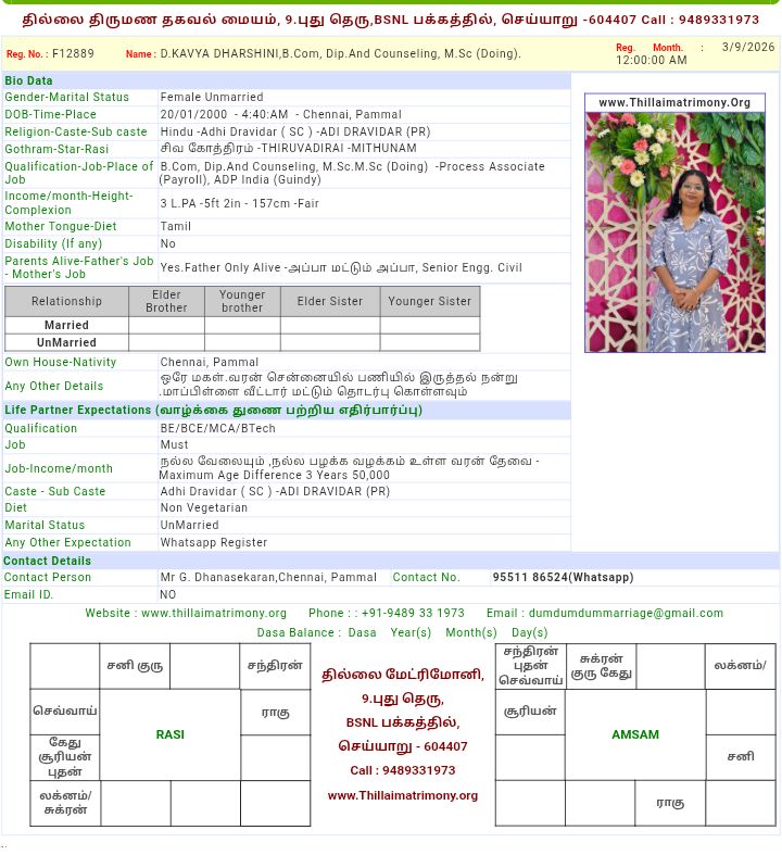 பெண், திருமணமாகாதவர், ஆதிதிராவிடர்